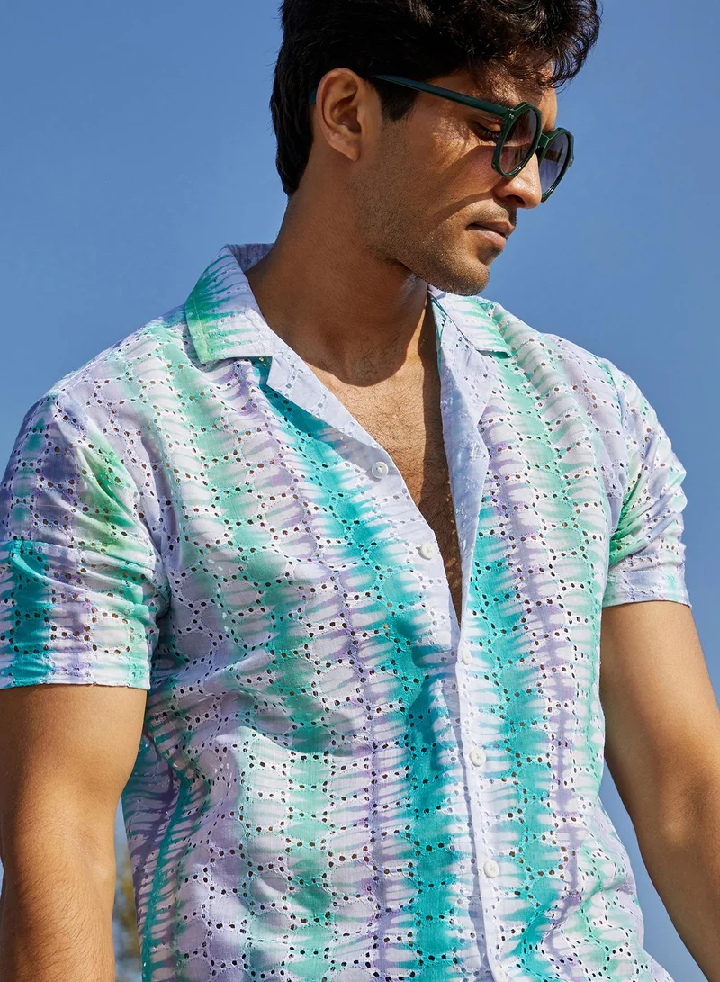 Campus Sutra Men's Sea Green & Lavender Horizontal Tie-Dye Shirt