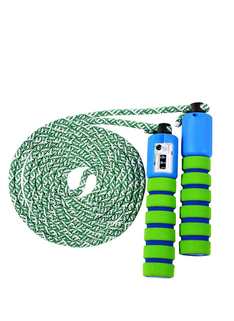 SYOSI Skipping Rope for Children Jump Rope Kids Adjustable with Counter and Comfortable Anti Slip Handles Gifts for Boys and Girls for Outdoor beginners students Cotton Rope Green with Blue  - Image 1