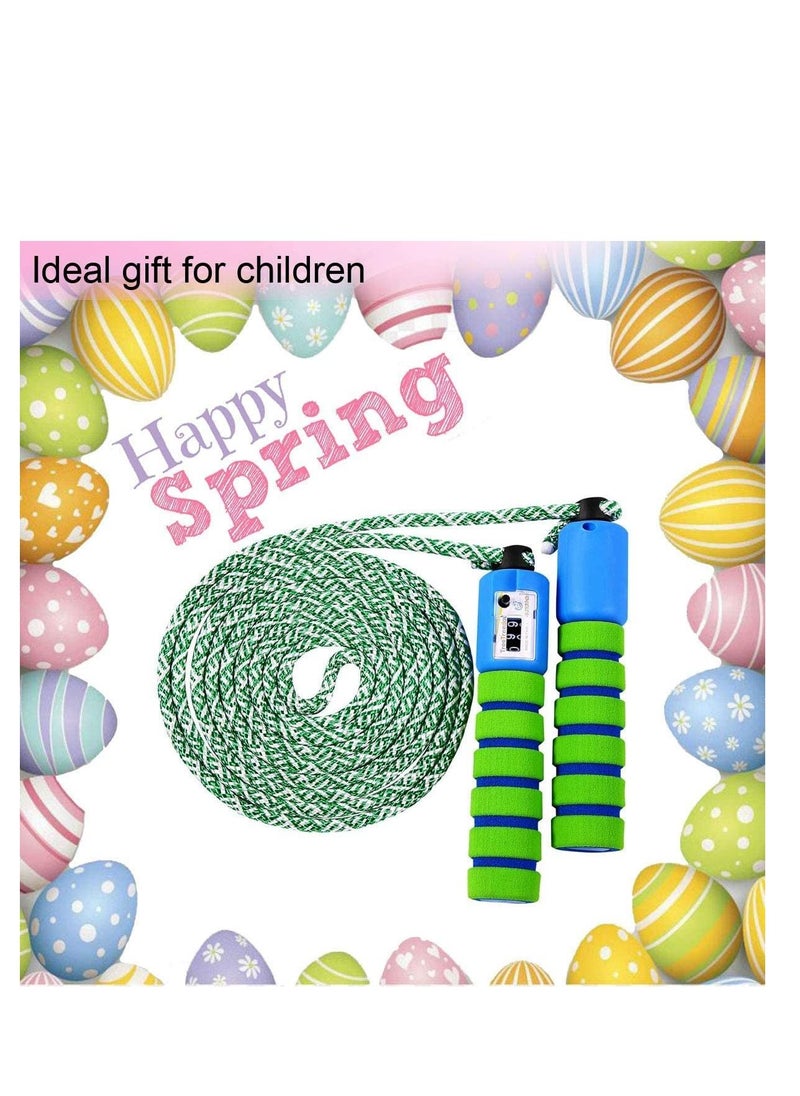 SYOSI Skipping Rope for Children Jump Rope Kids Adjustable with Counter and Comfortable Anti Slip Handles Gifts for Boys and Girls for Outdoor beginners students Cotton Rope Green with Blue  - Image 5