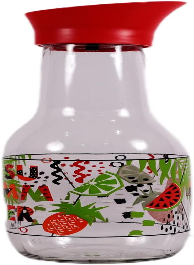 Herevin Decorated Carafe - 1 Liter Capacity, Glass Construction, Drip-Free Pouring, Made in Turkey (Home, Dining, Entertaining, Housewarming), Red Cover