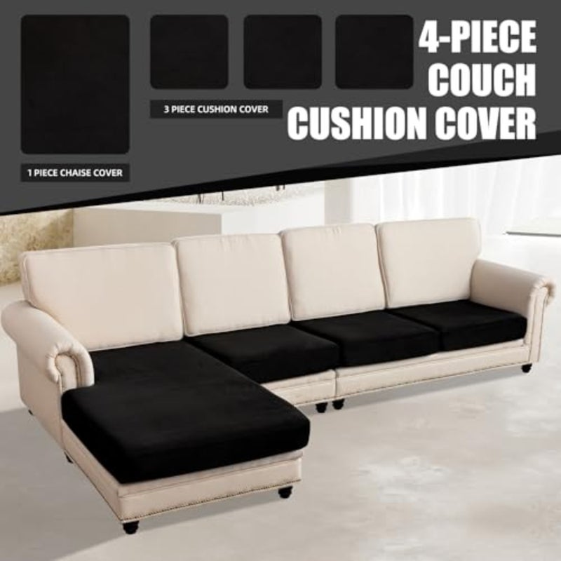 Sectional Couch Covers Stretch Durable Cushion Covers L Shape Separate Sofa Couch Covers for Both Left/Right Sectional Couch Black, 3 Seater+1 Chaise,KL006 - Image 4