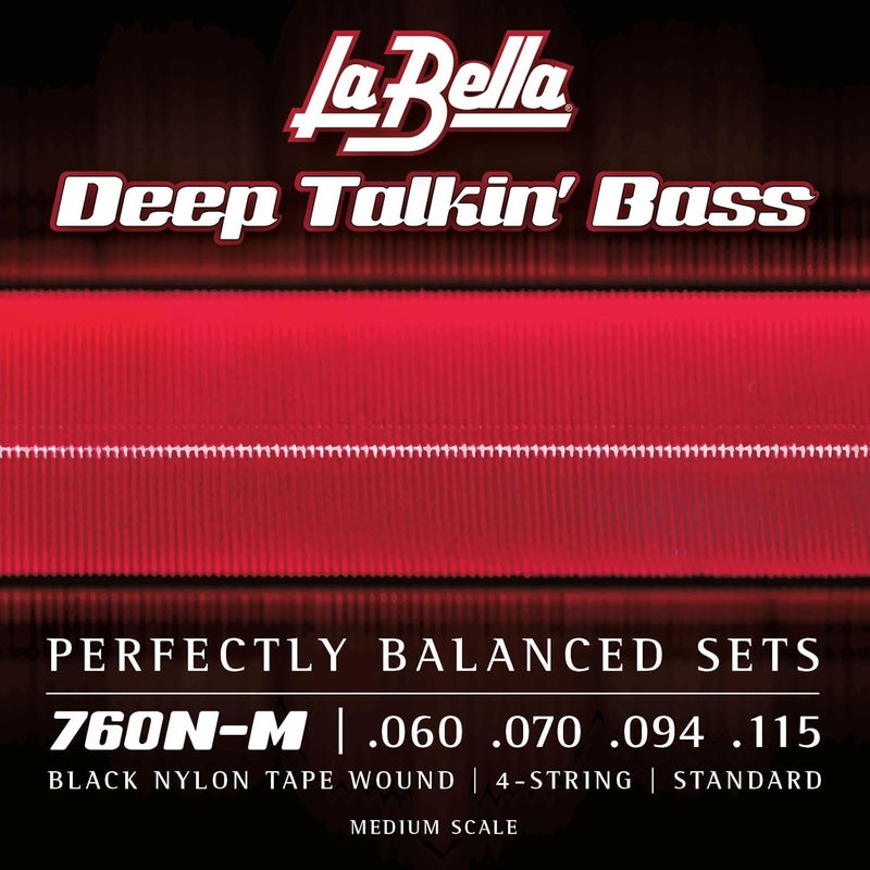 La Bella 760N-M Deep Talkin' Black Nylon Tape Wound, 4-String Standard Medium Scale Bass Guitar String 60-115 - Image 1