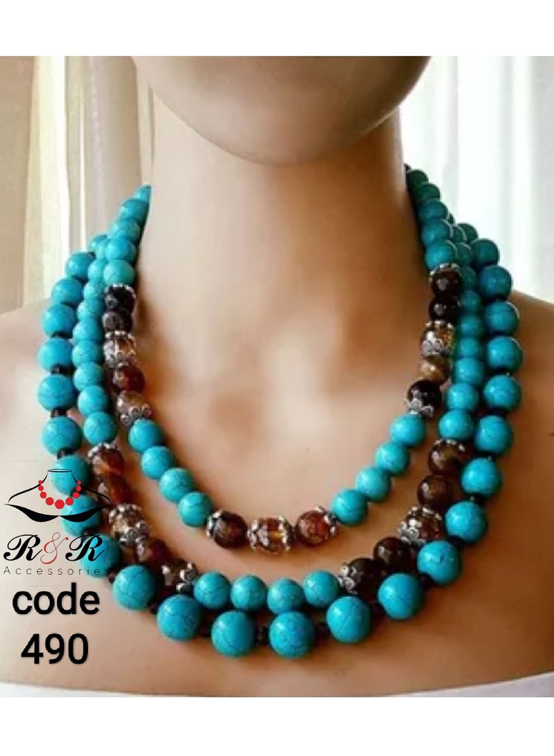 R&R Multi-layered women's necklace of natural agate and natural turquoise - Image 1