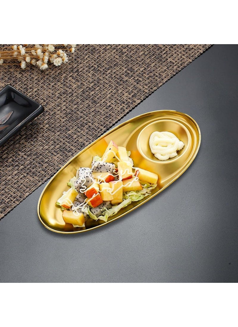 BLISS START BLISS START Oval Snack Plate Kitchen Stainless Steel Snack Plate Grid Oval Cutlery Sauce Plate Western Food French Fries Fried Chicken Dim Sum Plate Split Plate Gold  - Image 1