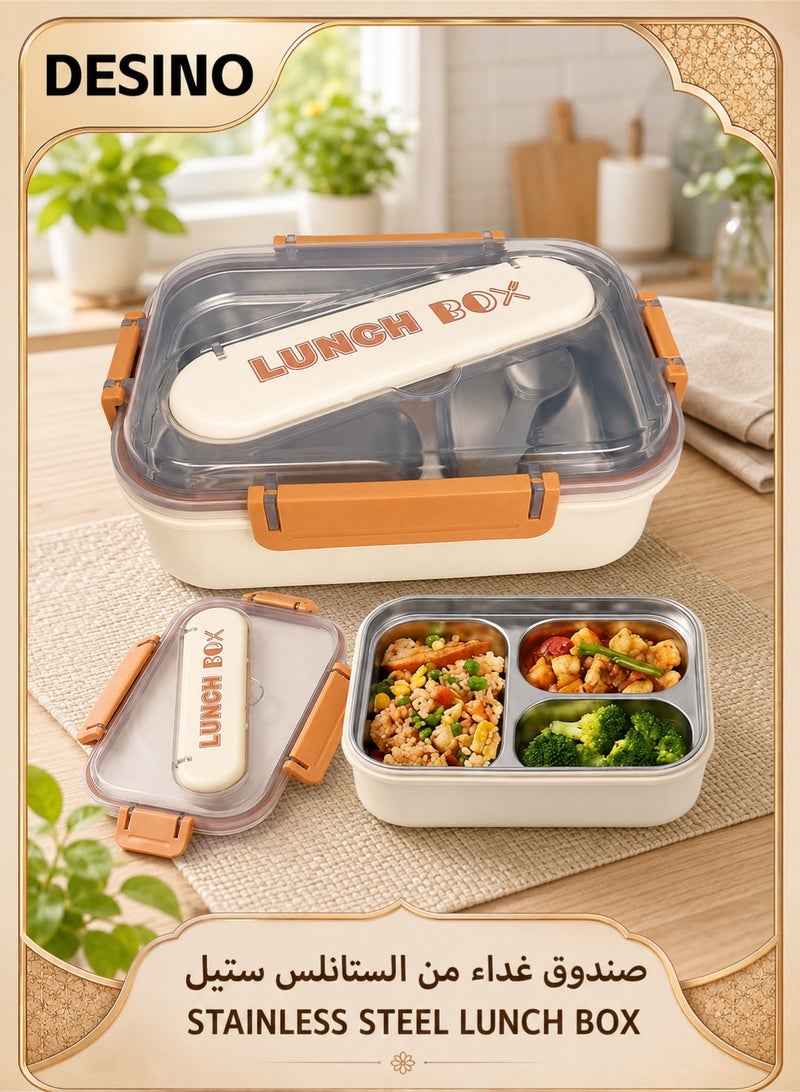 DESINO 3-Compartment Bento Lunch Box, Leakproof Lunch Box for Adults & Kids, 304 Stainless Steel, Detachable & Dishwasher Safe, Lunch Box with Lockable Cutlery Case for School, Office, Travel & Picnic - Image 1