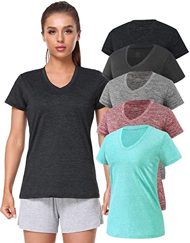 Cosy Pyro Women's Short Sleeve V-Neck Athletic T-Shirt Exercise Yoga Tees Dry Fit Gym Shirts Moisture Wicking Workout Tops Pack of 5 Black1/Black/Gray/Wine/Azure L - Image 1
