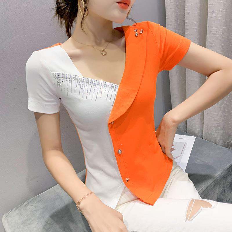 Real shot 2022 summer V-neck color matching asymmetric design rhinestone T-shirt short sleeve women's top diamond button generation hair - Image 2