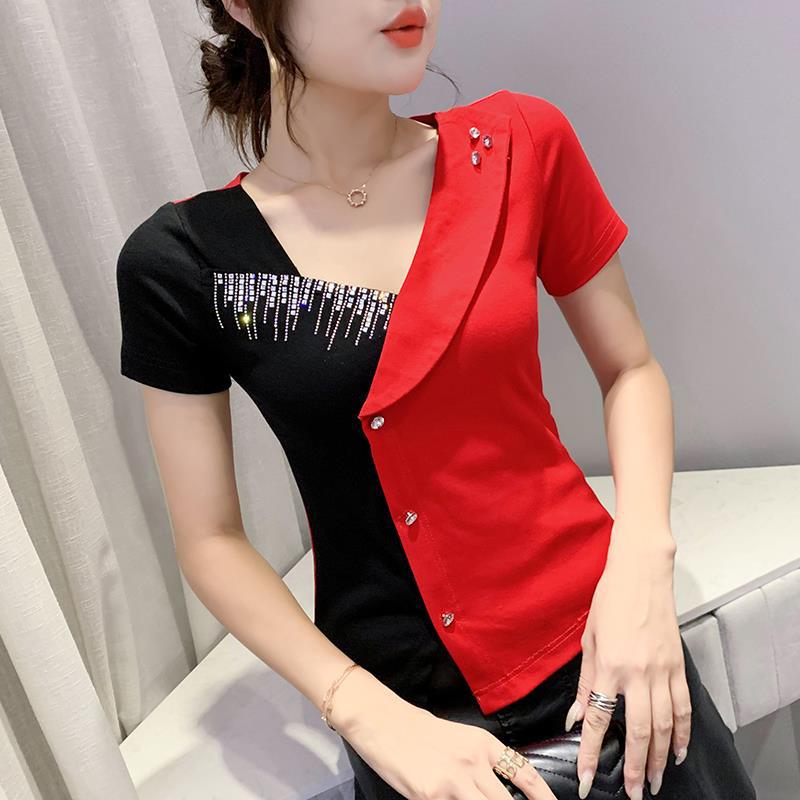 Real shot 2022 summer V-neck color matching asymmetric design rhinestone T-shirt short sleeve women's top diamond button generation hair - Image 1