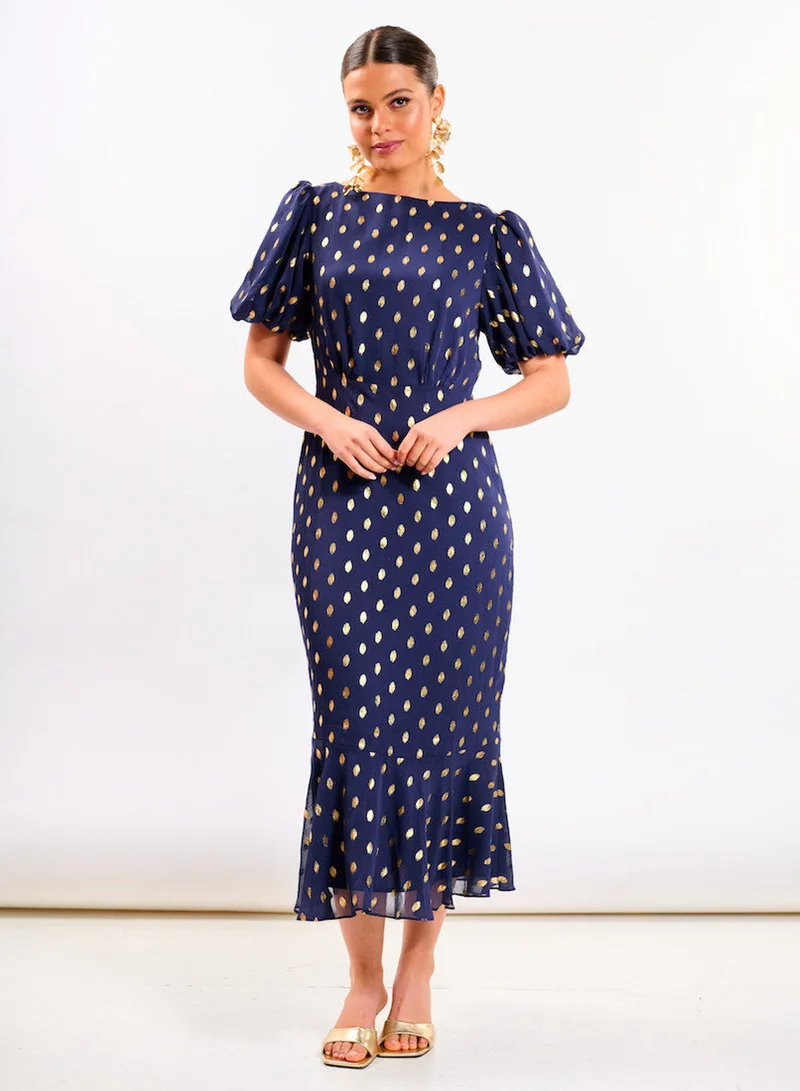 Needs No Label Navy Chiffon Foil Puff Sleeve Midi Dress