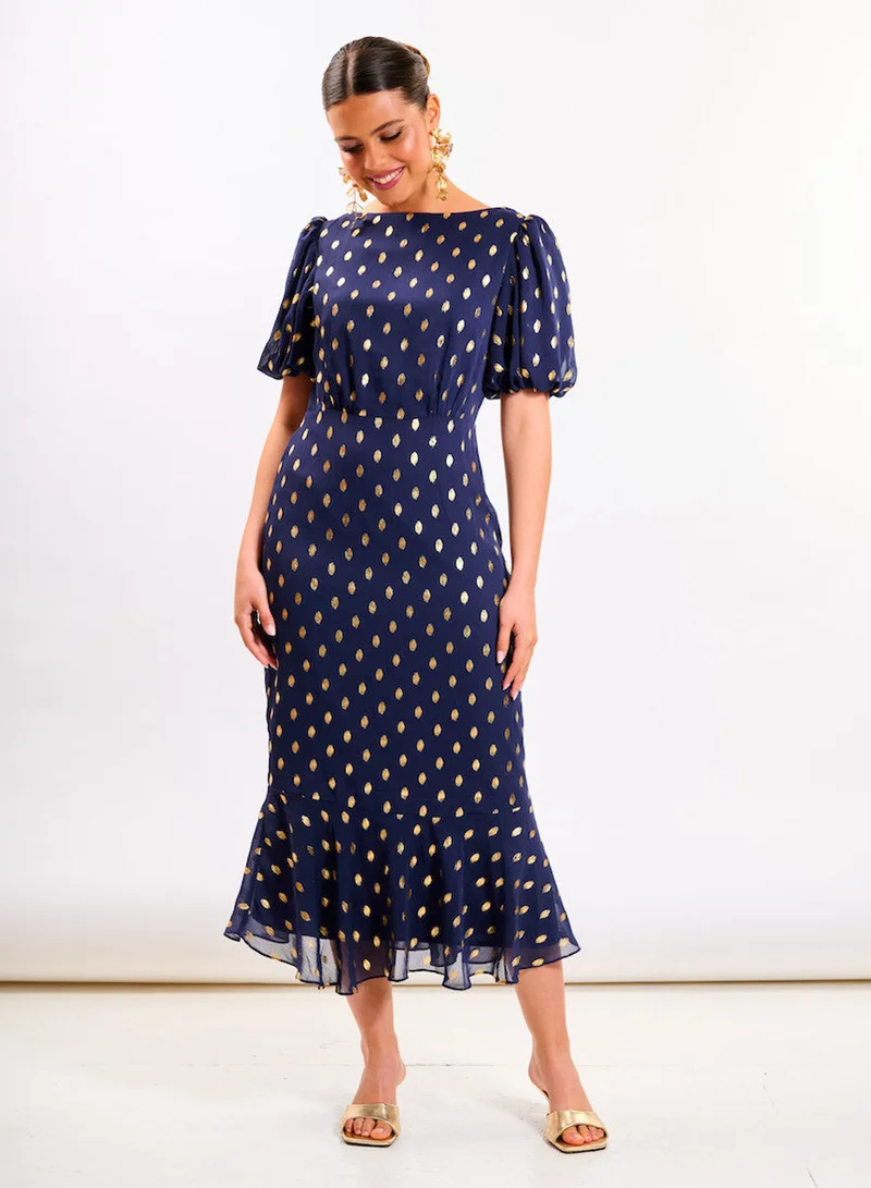 Navy Chiffon Foil Puff Sleeve Midi Dress