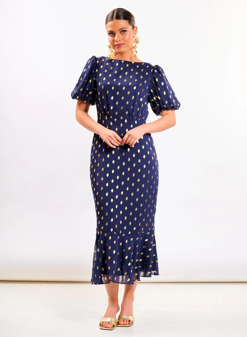 نيدز نو ليبل Navy Chiffon Foil Puff Sleeve Midi Dress