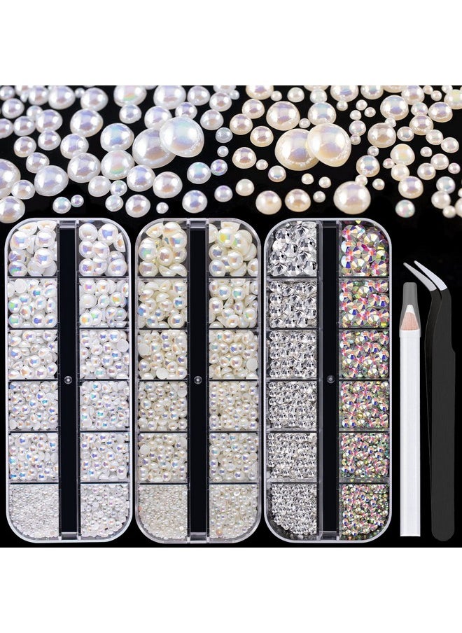 BELLEBOOST 4000Pcs Flatback Rhinestones And Half Round Pearls Kit 1 Multi Size Glass Clear & Ab Crystals Plastic Flat Back White Ab & Beige Ab Dome Bead With Pickup Pencil And Tweezer For Nail Art  - Image 1
