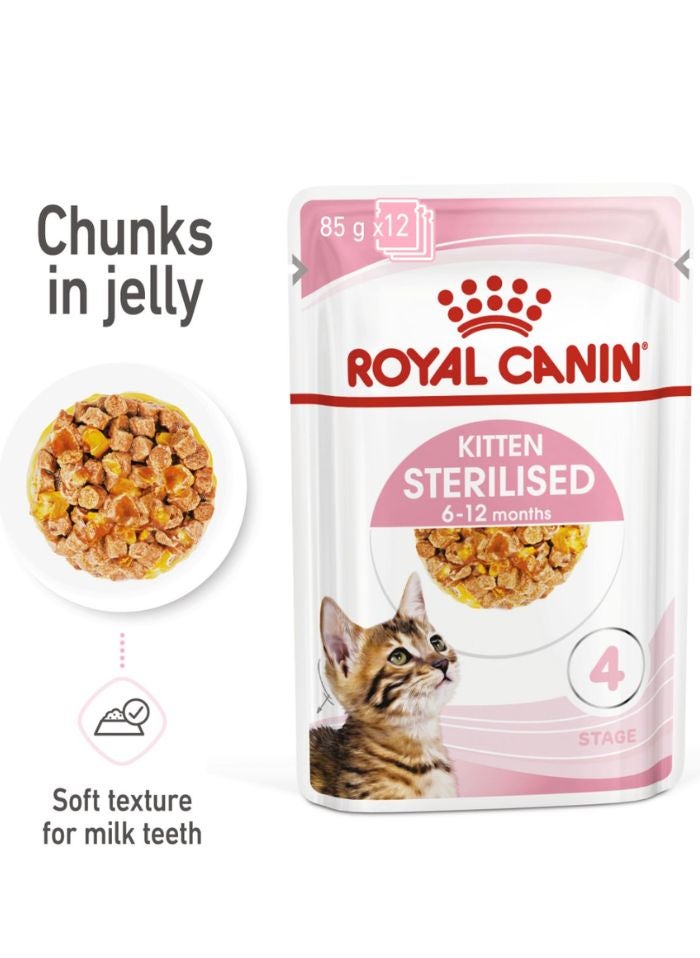 ROYAL CANIN Feline Health Nutrition Kitten Sterilised Jelly (WET FOOD - Pouches) 12 x 85g - Image 1