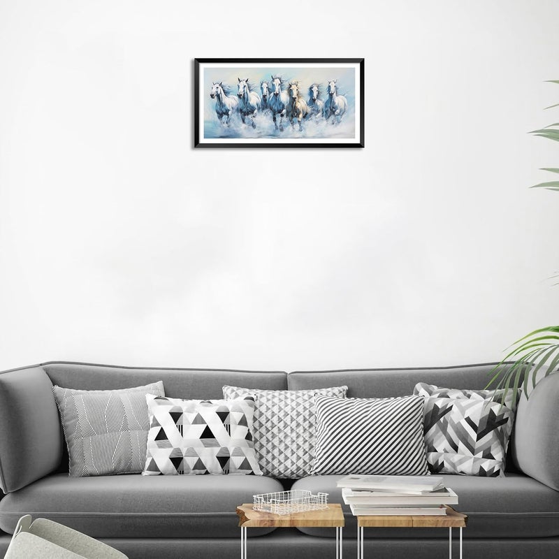 Canvas Pe لوحة فاستو للخيول الجارية 7 على قماش بي إي - حصان أبيض محظوظ مجسم حديث مزخرف بإطار صورة مغلف للديكور المكتبي والمعيشة 14x26 بوصة هدية عنصر خشب صناعي - Image 2