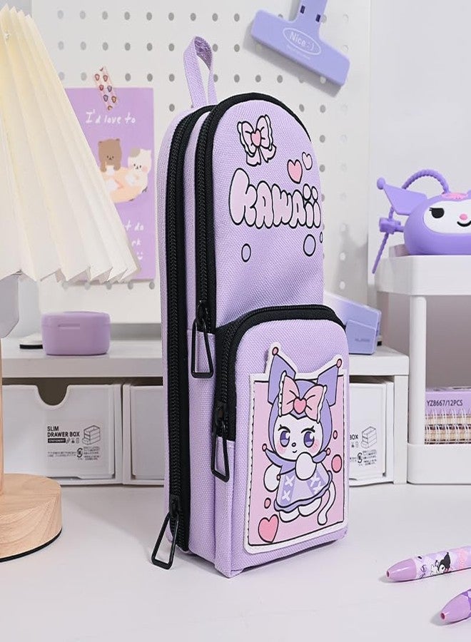 AASHRIT Pencil Case for Girls, Large Capacity Hangable Triple Layer Canvas Pencil Case, Cute Kuromi Pouch for Girls, Kawaii Pouches (Purple-A) (Kawaii) - Image 1