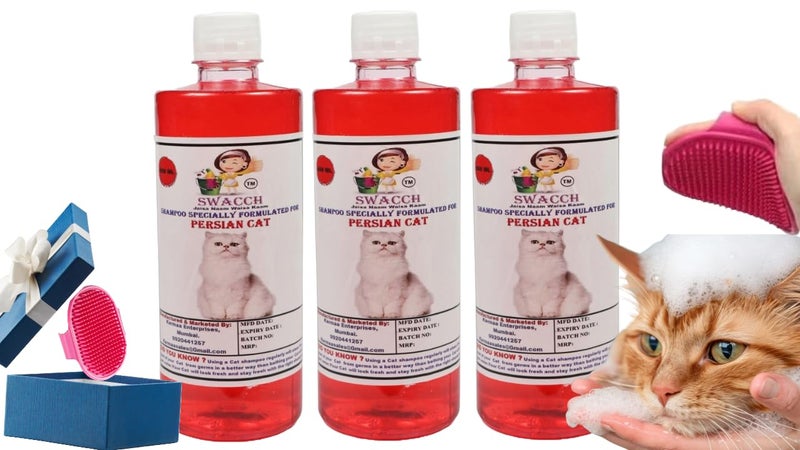 Swacch Persian Cat Shampoo -500ml (Pack of 3) (Strawberry) + Bath Brush with Adjustable Straps Combo Pack - Image 1