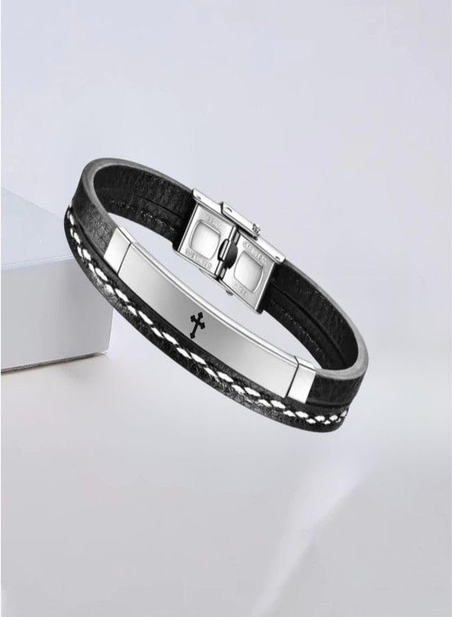 M Men Style Cross Leather Layered Bracelets for Mens Women Buckle Clasp Genuine Bracelet Wristband Vintage Cuff Jewelry Friendship Couple Silver SBr2025191 - Image 3