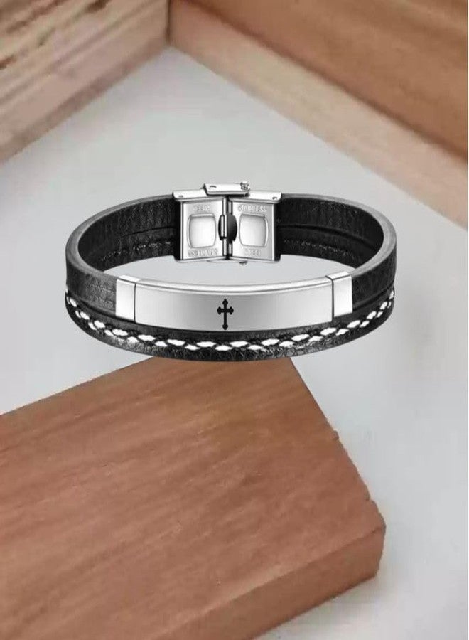 M Men Style Cross Leather Layered Bracelets for Mens Women Buckle Clasp Genuine Bracelet Wristband Vintage Cuff Jewelry Friendship Couple Silver SBr2025191 - Image 4