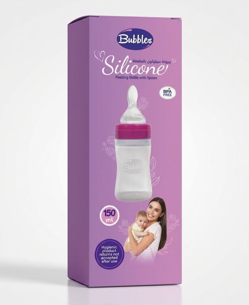 Bubbles Feeding Bottle with Silicone Spoon for Babies – Soft Squeeze Baby Food Dispenser Easy Feeding Bottle with Spoon – BPA Free – 150 ml Pink - Image 1