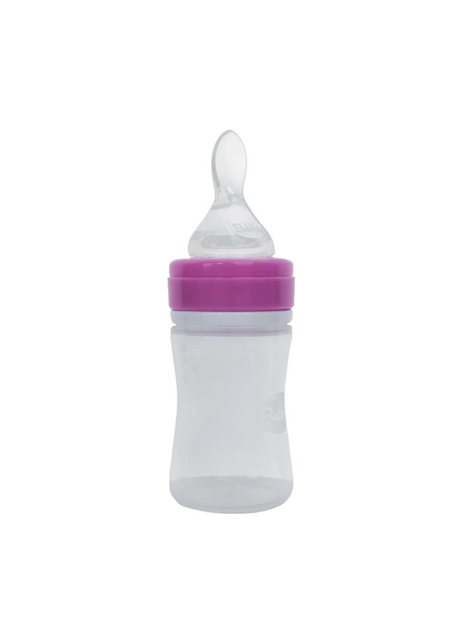 Bubbles Feeding Bottle with Silicone Spoon for Babies – Soft Squeeze Baby Food Dispenser Easy Feeding Bottle with Spoon – BPA Free – 150 ml Pink - Image 3