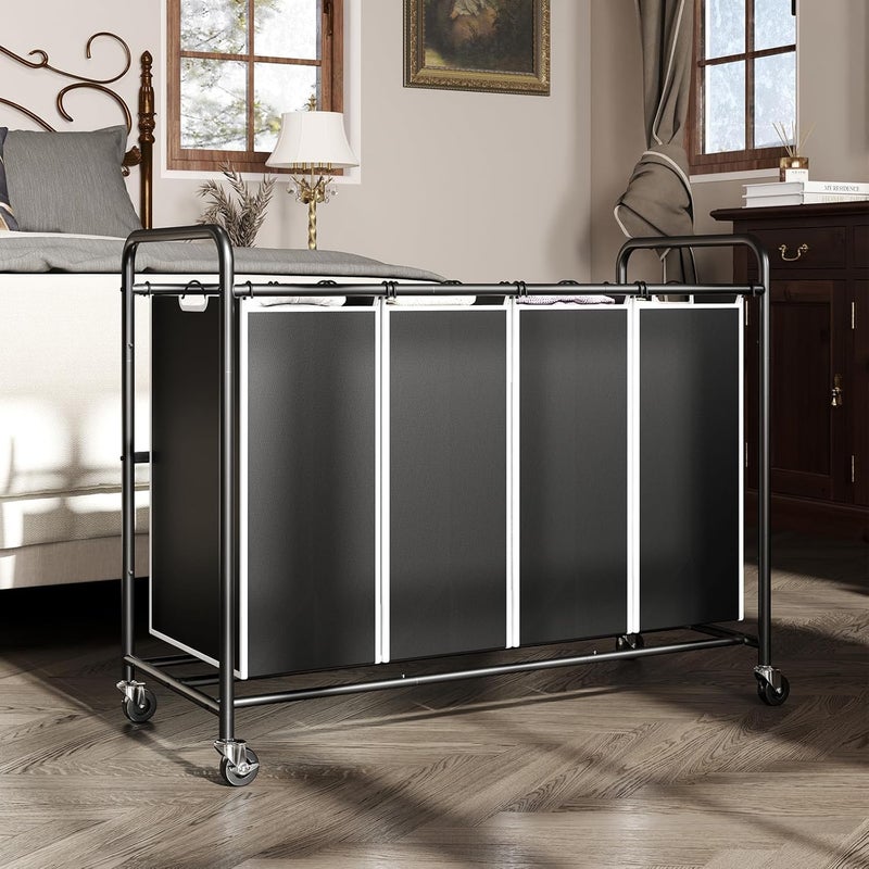 ROMOON 4 Bag Laundry Sorter Cart, Laundry Hamper Sorter with Heavy Duty Rolling Wheels for Clothes Storage, Black - Image 2