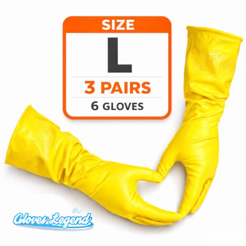 Gloves Legend Size Large - 3 Pairs (6 Gloves) - Gloves Legend - Yellow Latex Household Kitchen Cleaning Dishwashing Reuseable Gloves - Image 2