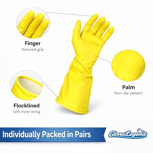 Gloves Legend Size Large - 3 Pairs (6 Gloves) - Gloves Legend - Yellow Latex Household Kitchen Cleaning Dishwashing Reuseable Gloves - Image 4