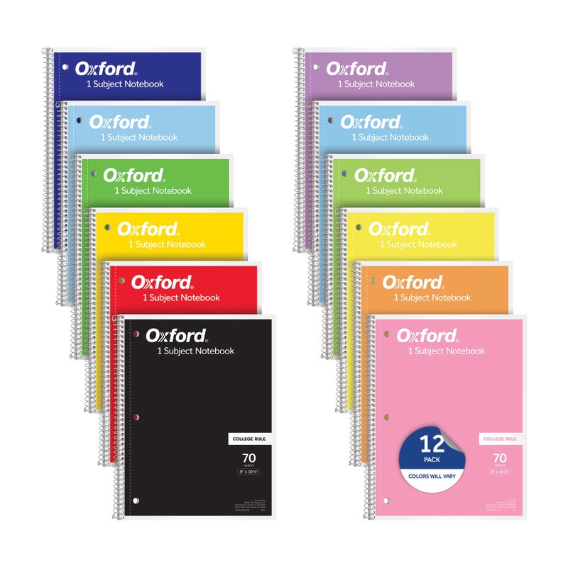 Oxford Spiral Notebooks, 12 Count Bulk Pack, 1 Subject, College Ruled Notebooks for School, 8 x 10.5 Inches, 70 Sheets, Assorted Colors, Back to School Supplies (65205) - Image 1