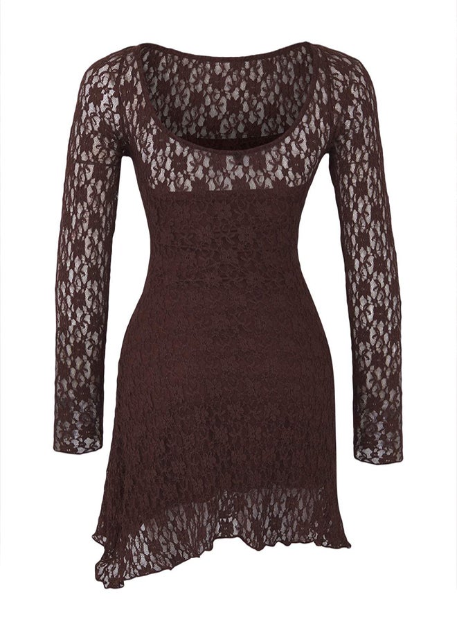 trendyol فستان قصير مزين بتفاصيل غير متماثلة بدون ظهر بلون بني من الدانتيل المرن المحبوك - Image 5