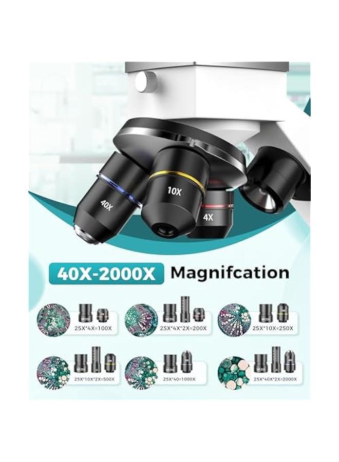 Arabest Professional Compound Microscopes for Adults, Kids 8-12 & Students | 2000X Magnification Lab & Home Microscope with Phone Adapter, Complete Slides Set (Gray White)  - Image 5