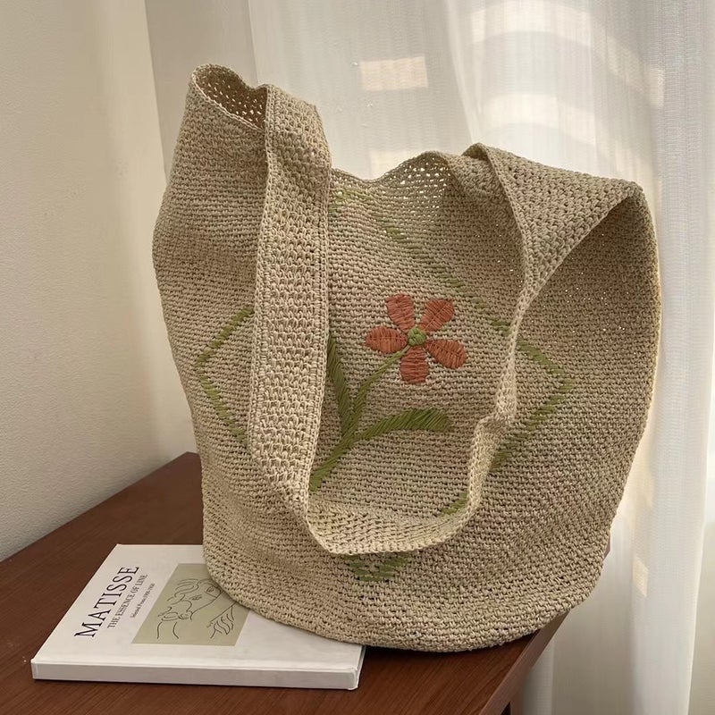 High Quality Imported Large Capacity Imitation Rafi Grass Tote Woven Bag Simple Casual French Vacation Shoulder Straw Woven Bag - Image 5