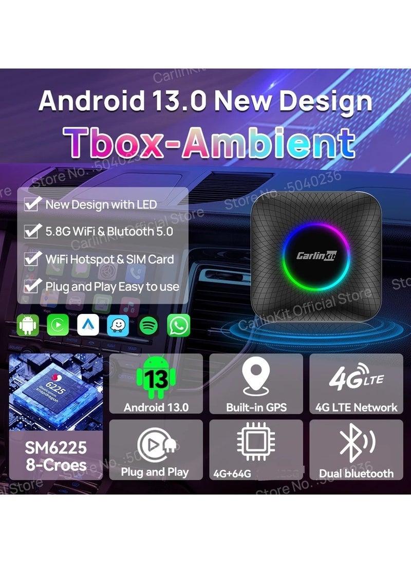 Carlinkit - 2023 Carlinkit Ai Box Newest Model With Android 13 Wireless CarPlay Android Auto 3 in 1 4+64GB Adapter Support Netflix Youtube Disney HBO Max Tik Tok 4G LTE Built-in Google Play  GPS - Image 1