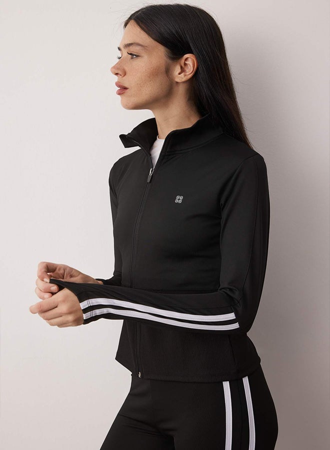 trendyol Black Line and Reflector Print Detailed Diver/Scuba Fabric Knitted Sports Jacket - Image 1