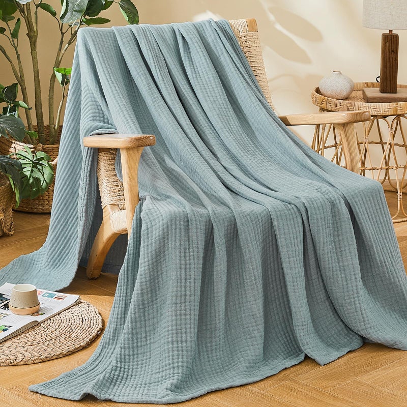 EMME Cotton Muslin Large Throw Blanket Couch Breathable Gauze Soft Lightweight Bed Blankets Adults (Heather Teal, 50"x70") - Image 2