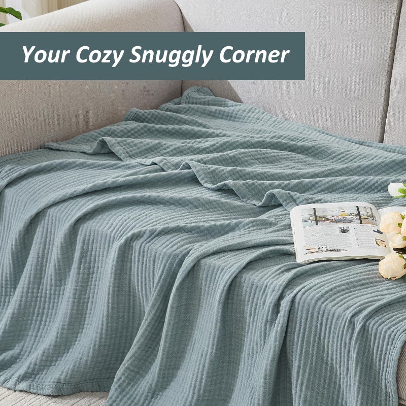 EMME Cotton Muslin Large Throw Blanket Couch Breathable Gauze Soft Lightweight Bed Blankets Adults (Heather Teal, 50"x70") - Image 4