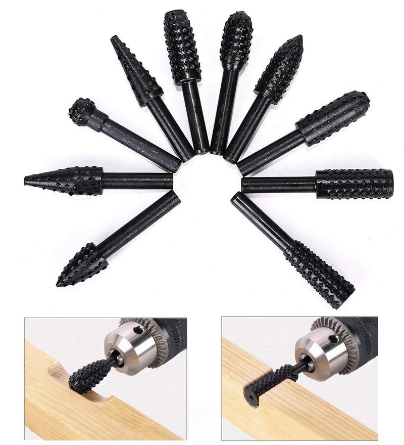ASNOMY 10PCS Woodworking Twist Drill Bits, Wood Carving File Rasp Drill Bits 6.3mm(1/4") Shank Electrical Tools Woodworking Rasp Chisel Shaped Rotating Embossed Grinding Head - Image 2