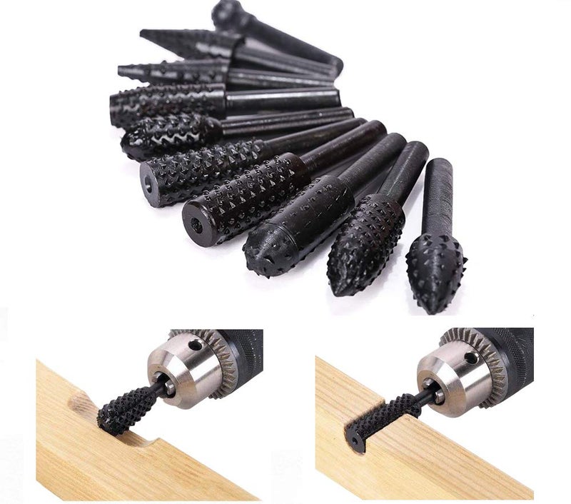 ASNOMY 10PCS Woodworking Twist Drill Bits, Wood Carving File Rasp Drill Bits 6.3mm(1/4") Shank Electrical Tools Woodworking Rasp Chisel Shaped Rotating Embossed Grinding Head - Image 1