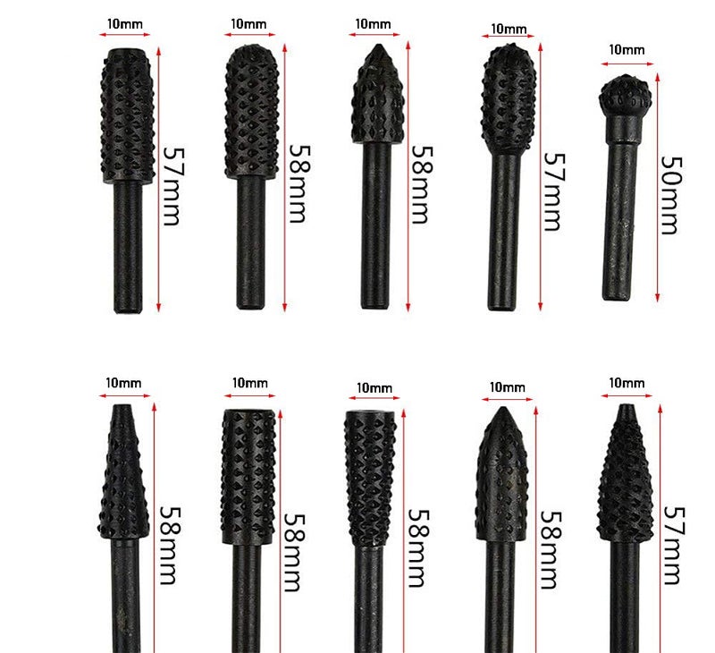 ASNOMY 10PCS Woodworking Twist Drill Bits, Wood Carving File Rasp Drill Bits 6.3mm(1/4") Shank Electrical Tools Woodworking Rasp Chisel Shaped Rotating Embossed Grinding Head - Image 4