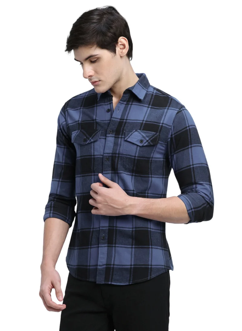 دينيس لينغو Relaxed Fit Blue Shirt For Men 100% Cotton Checks Spread Collar Full Sleeves Casual Look