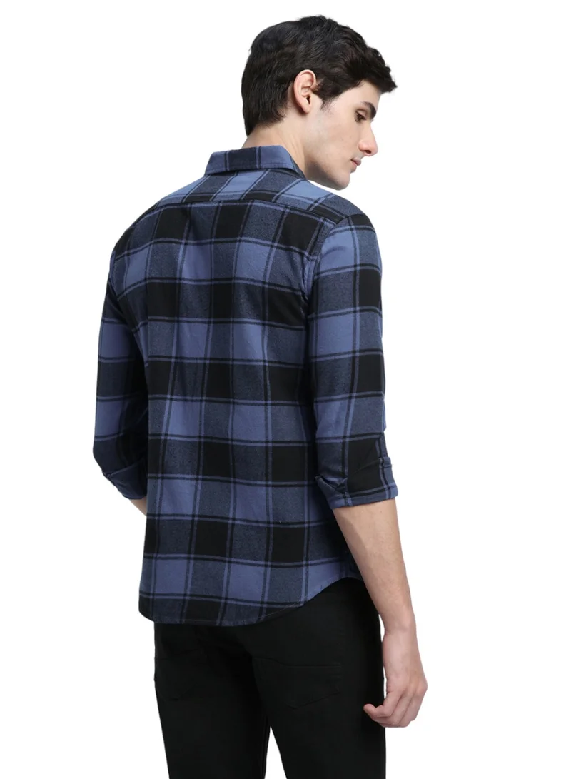 دينيس لينغو Relaxed Fit Blue Shirt For Men 100% Cotton Checks Spread Collar Full Sleeves Casual Look