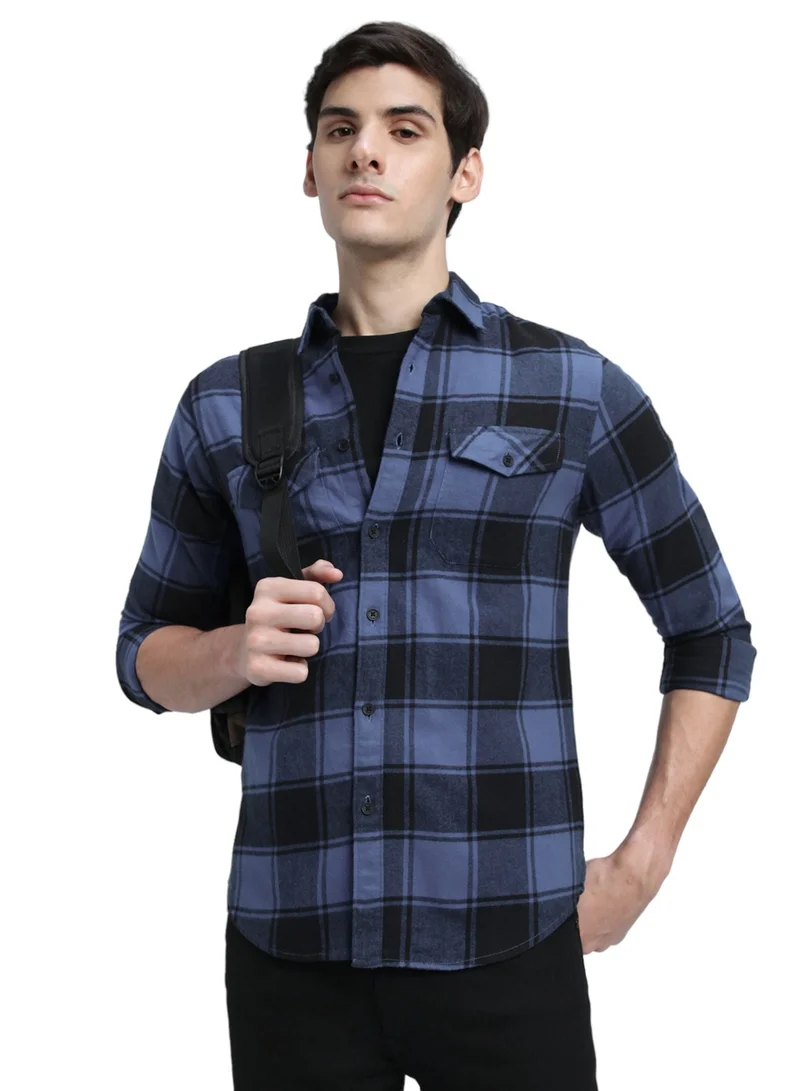 دينيس لينغو Relaxed Fit Blue Shirt For Men 100% Cotton Checks Spread Collar Full Sleeves Casual Look
