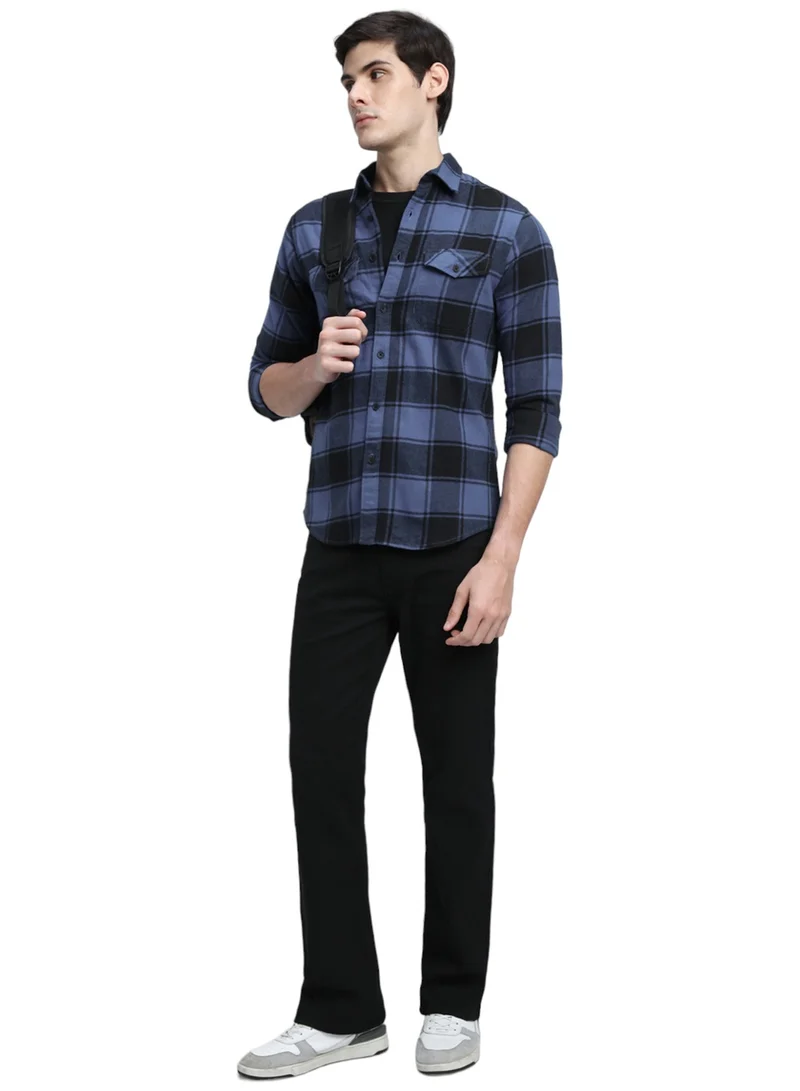 دينيس لينغو Relaxed Fit Blue Shirt For Men 100% Cotton Checks Spread Collar Full Sleeves Casual Look