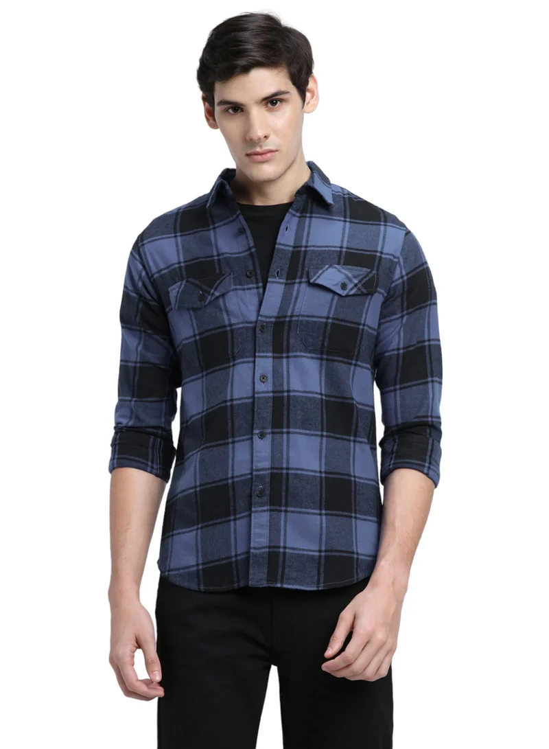 دينيس لينغو Relaxed Fit Blue Shirt For Men 100% Cotton Checks Spread Collar Full Sleeves Casual Look