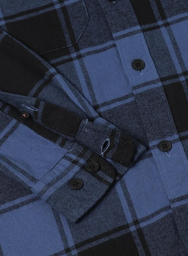 دينيس لينغو Relaxed Fit Blue Shirt For Men 100% Cotton Checks Spread Collar Full Sleeves Casual Look