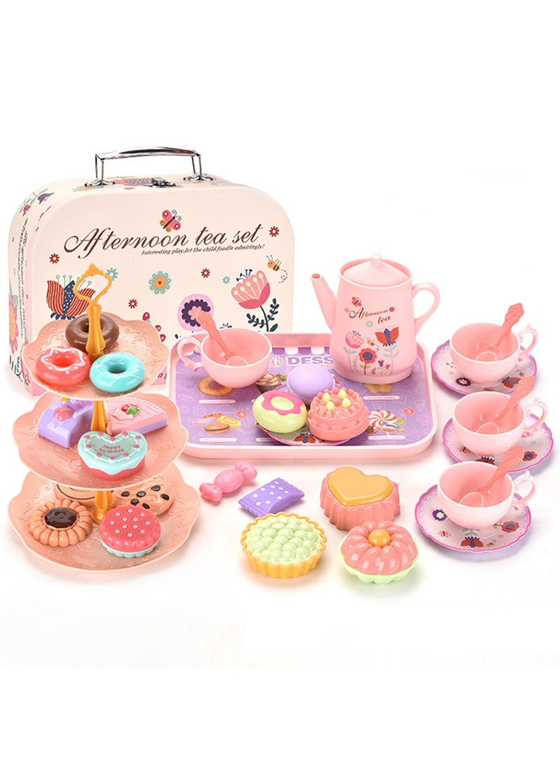Tea Break Afternoon Tea Portable Gift Box Pink Plastic Tea Set With Dessert Suitable For Little Girls Safe And Durable Children'S Tea Party Kitchen Tableware Set Toys Suitable For Children Over 3 Years Old - Image 1