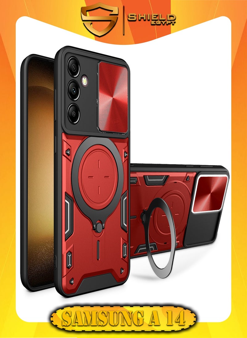 شيلد ايجيبت لهاتف سامسونج جالاكسي اية 14/ اية 14 5جى (Samsung Galaxy A14/A14 5G) جراب حماية مع باب جرار لحماية عدسة  الكاميرا المدرعة مدمج بزاوية 360 درجة - (احمر)