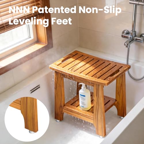 NNN 18" Standard Teak Shower Bench with Shelf & Handle - Waterproof, Non-Slip Bath Stool, 300 lbs Capacity - Fits Standard Tubs/Showers & Outdoor Use (Patented) - Image 2