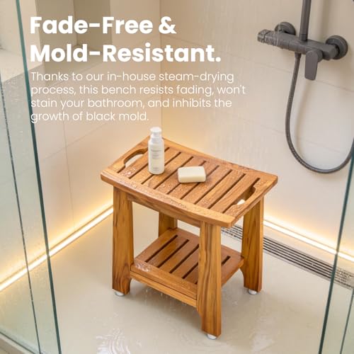 NNN 18" Standard Teak Shower Bench with Shelf & Handle - Waterproof, Non-Slip Bath Stool, 300 lbs Capacity - Fits Standard Tubs/Showers & Outdoor Use (Patented) - Image 3
