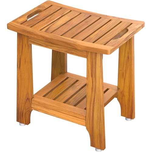 NNN 18" Standard Teak Shower Bench with Shelf & Handle - Waterproof, Non-Slip Bath Stool, 300 lbs Capacity - Fits Standard Tubs/Showers & Outdoor Use (Patented) - Image 1