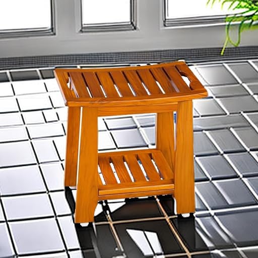 NNN 18" Standard Teak Shower Bench with Shelf & Handle - Waterproof, Non-Slip Bath Stool, 300 lbs Capacity - Fits Standard Tubs/Showers & Outdoor Use (Patented) - Image 5